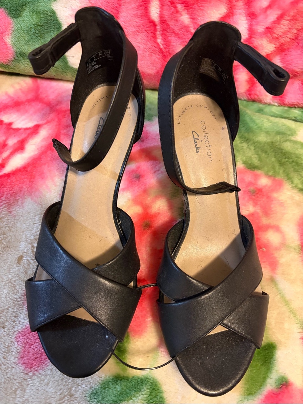 Clarks Black Leather Crisscross Ankle-Strap Heels